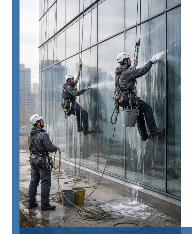 Промышленная мойка панорамных окон на высоте в Кузнецке