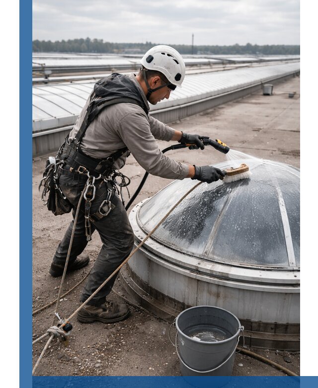 Мойка зенитных фонарей на кровле для промышленных объектов в Кузнецке