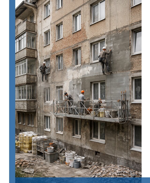 Капитальный ремонт фасада в Кузнецке с восстановлением и гидроизоляцией