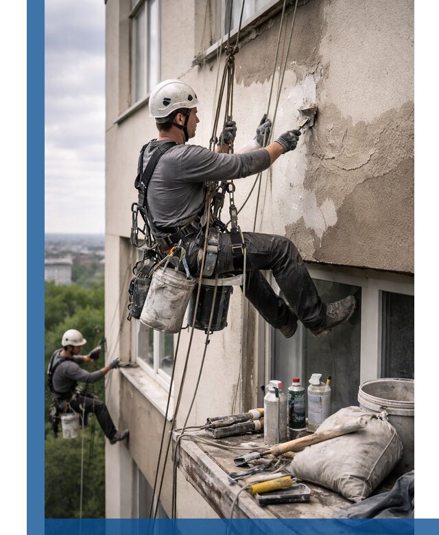Косметический ремонт фасада зданий в Кузнецке промышленными альпинистами