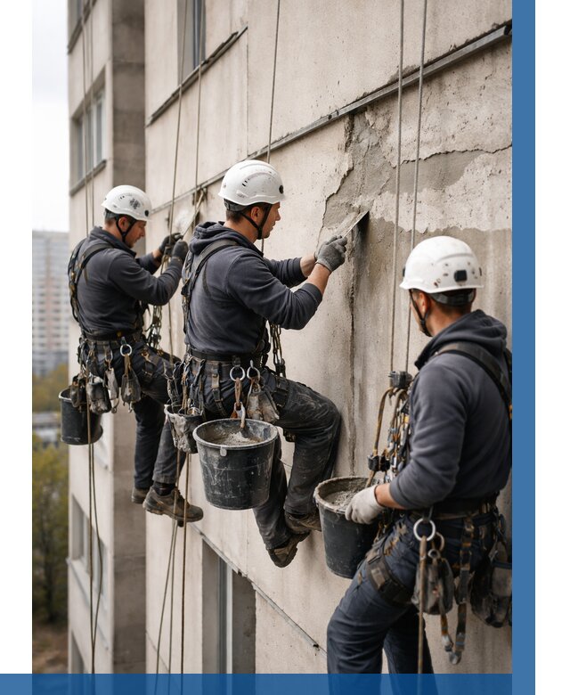 Ремонт бетонных элементов фасада в Кузнецке от 2606 р. | ВЫСОТНИК-Кнц