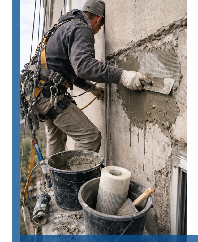 Ремонт бетонных элементов фасада промышленными альпинистами в Кузнецке