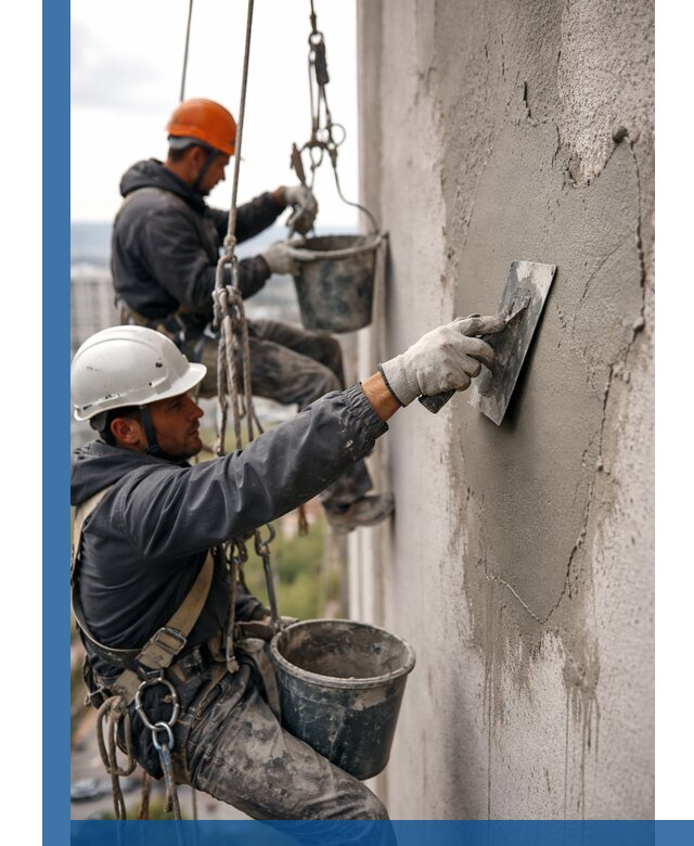 Штукатурка фасада на высоте в Кузнецке профессиональные работы