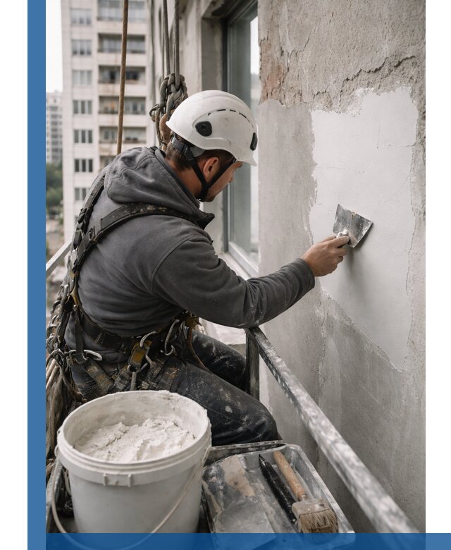 Шпаклевка фасадов на высоте с промальпинистами в Кузнецке