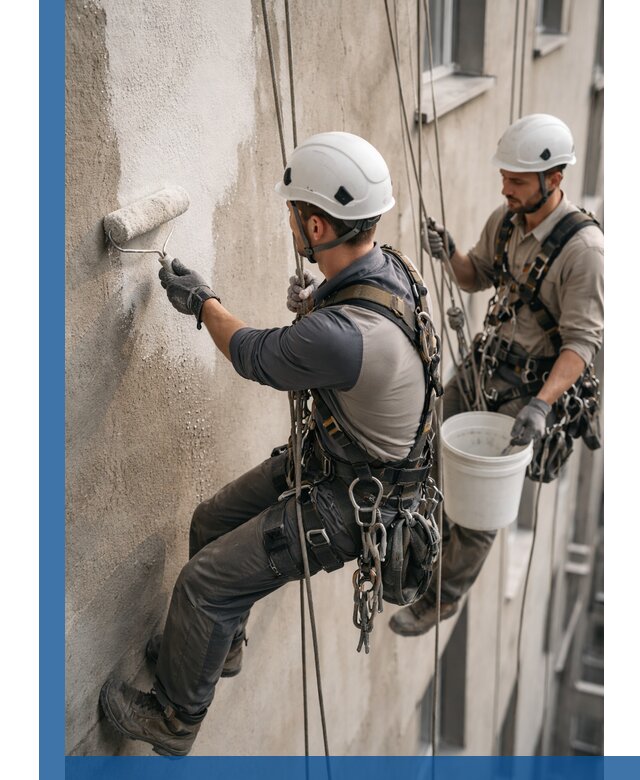 Грунтовка фасада на высоте в Кузнецке промышленными альпинистами