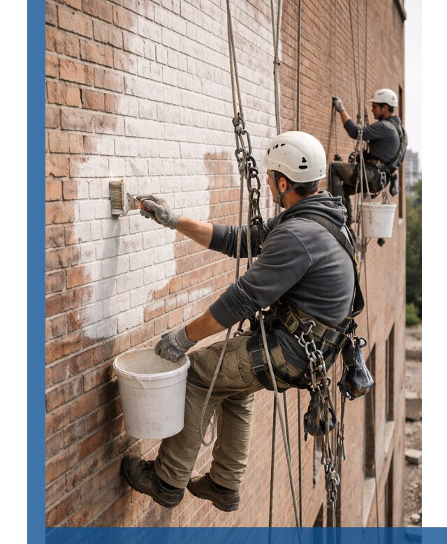 Покраска кирпичного фасада с доступным альпинистским сервисом в Кузнецке