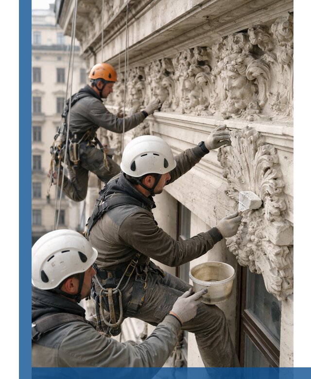 Реставрация фасадной лепнины с высотными работами в Кузнецке