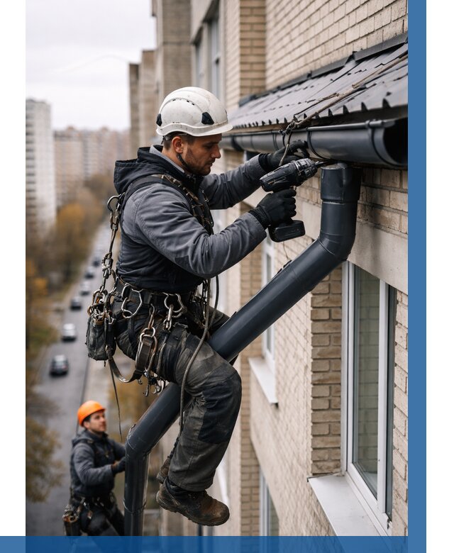 Монтаж водосточной системы на здании в Кузнецке от 5212 р. | ВЫСОТНИК-Кнц