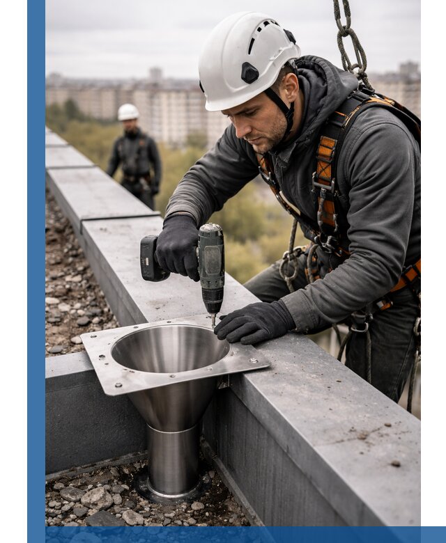 Монтаж водосточных воронок в Кузнецке для промышленных зданий