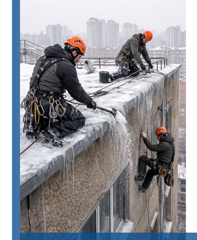 Удаление наледи с кровли в Кузнецке промышленными альпинистами