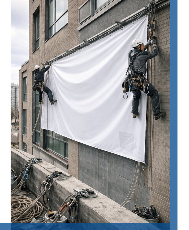 Монтаж баннеров на фасаде в Кузнецке от 678 р. заказать ВЫСОТНИК-Кнц