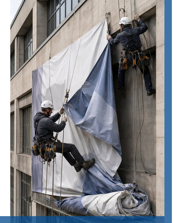 Демонтаж баннеров с фасада в Кузнецке от 4691 р. | ВЫСОТНИК-Кнц