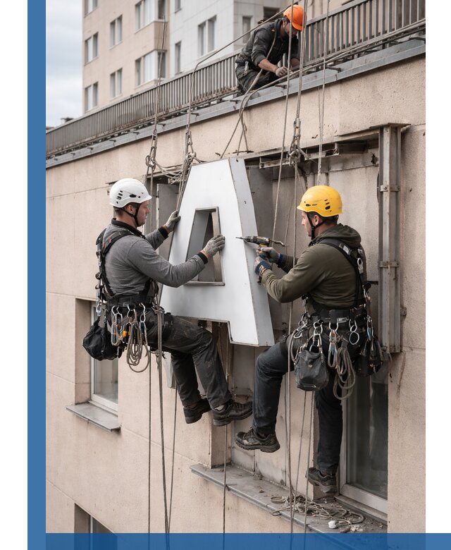 Ремонт и восстановление наружных вывесок на высоте в Кузнецке