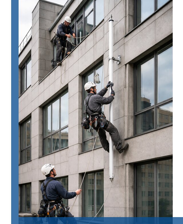 Монтаж флагштока на фасаде здания с креплением и герметикой в Кузнецке