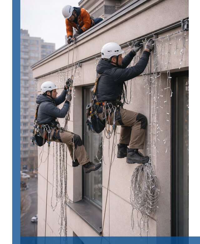 Монтаж праздничных гирлянд на фасаде в Кузнецке для зданий