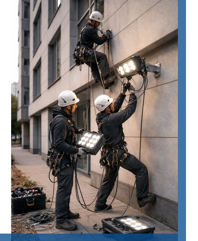 Монтаж прожекторов на фасаде в Кузнецке от 7818 р. | ВЫСОТНИК-Кнц