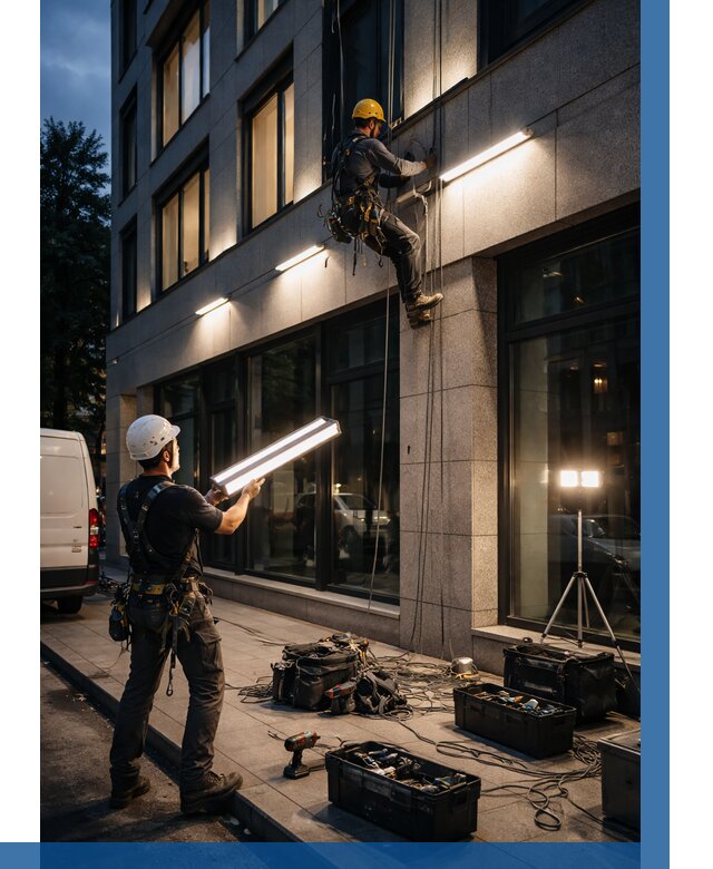 Монтаж архитектурной подсветки здания в Кузнецке от 2606 р.|ВЫСОТНИК-Кнц