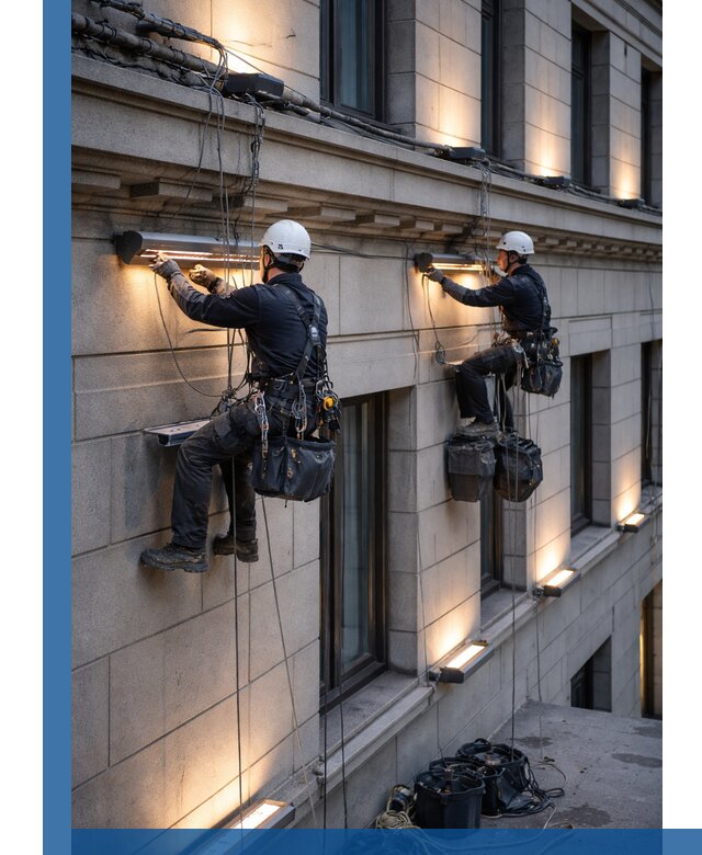 Монтаж архитектурной подсветки фасадов зданий в Кузнецке