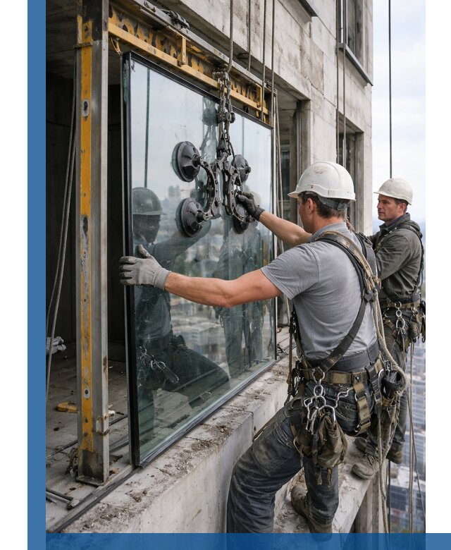 Монтаж стеклопакетов на высоте в Кузнецке с промышленным альпинизмом