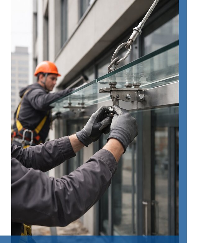 Монтаж стеклянных козырьков в Кузнецке от 8860 р. | ВЫСОТНИК-Кнц