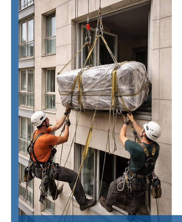 Подъем грузов через окно в Кузнецке промышленными альпинистами