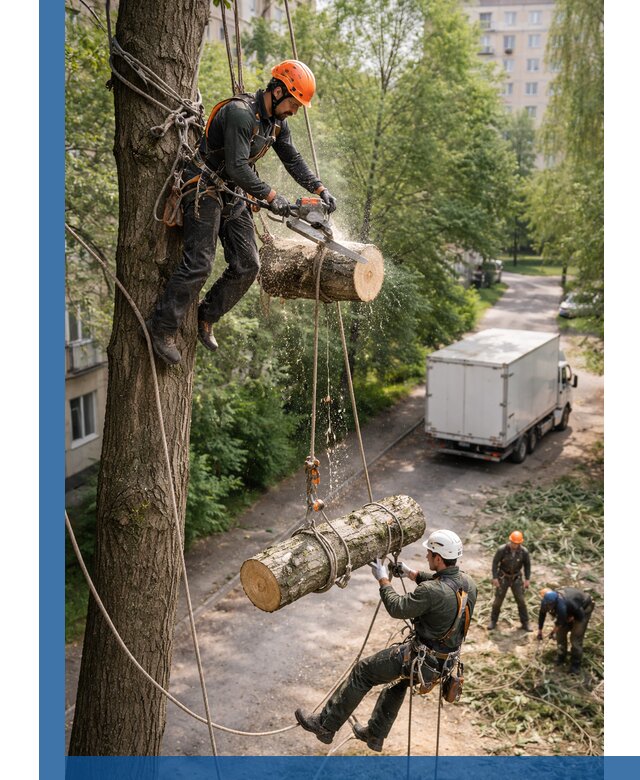 Спил деревьев альпинистами в Кузнецке, безопасно и без повреждений