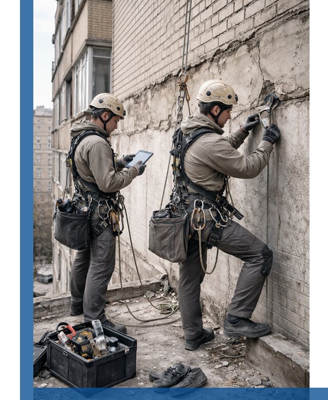 Обследование фасада промышленными альпинистами в Кузнецке